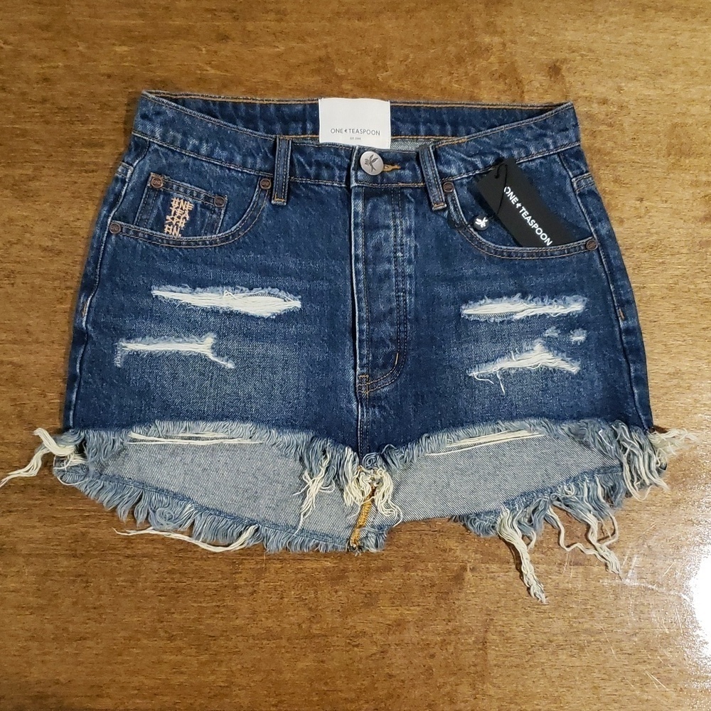 One Teaspoon Dark Wash Distressed Mini Skirt Size 25